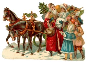 Vintage image of Santa standing beside two horses, with children and presents around him