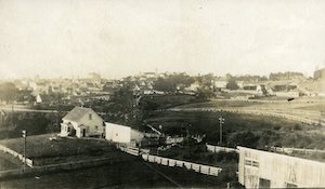 Elevated view of fields and buildings