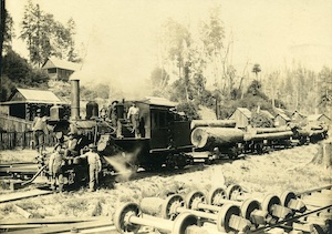 Men standing around a train engine on the tracks pulling logs