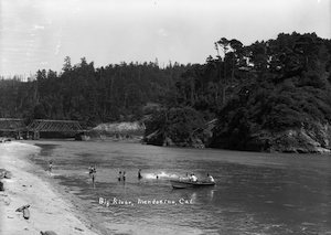 Children playing and people boating on a river with a bridge and forest in the background