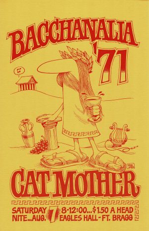 Cat Mother poster titled "Bacchanalia '71" with cartoon man dressed as an ancient Roman