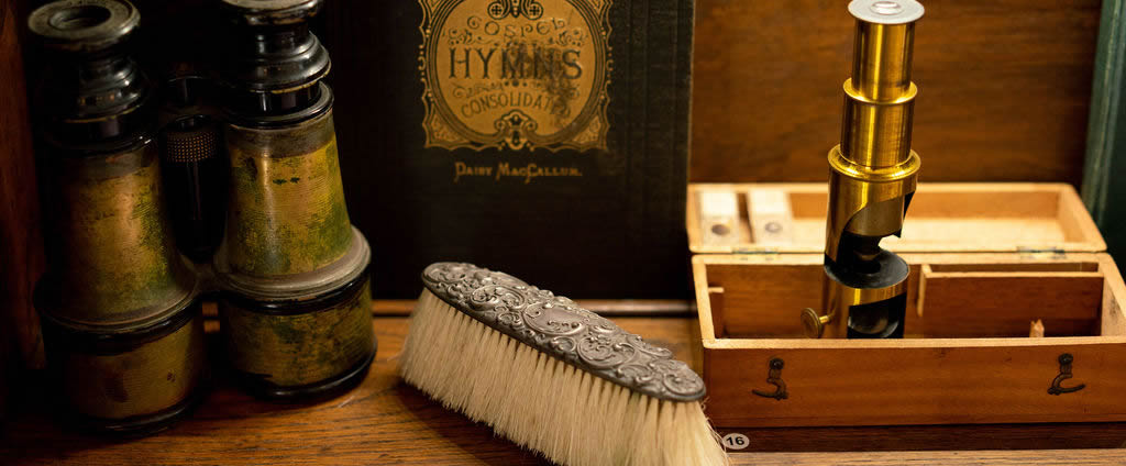 antique brush, book and binoculars