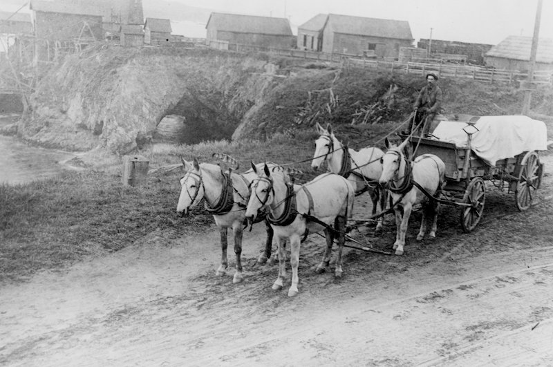 Four horses pull a wagon with buildings in background