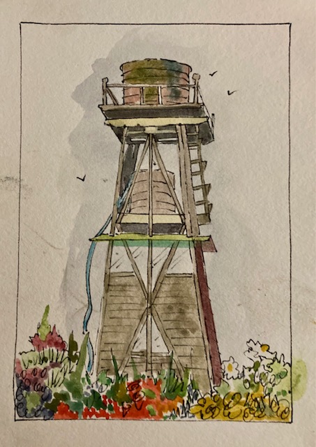 Water Tower depicted in a watercolor