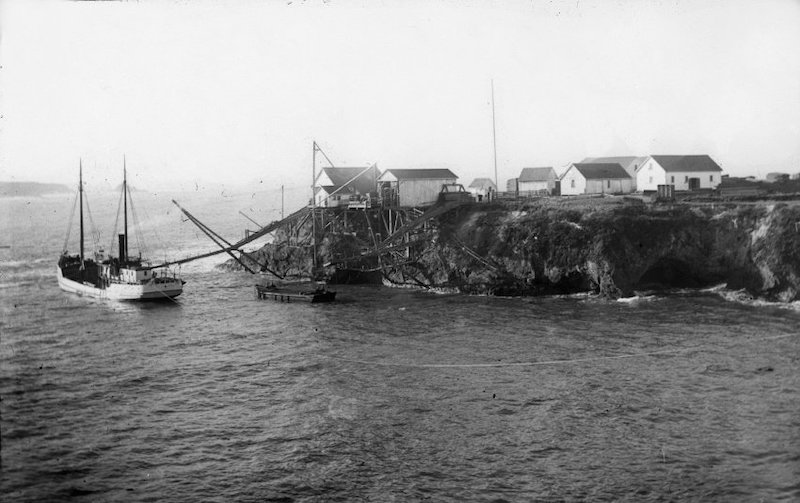 Ship in harbor, with buildings above on bluff