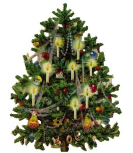 illustration of christmas tree with candles and decorations