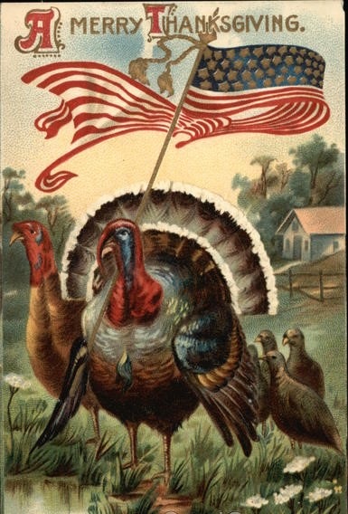 Turkeys with American flag and card says, "A Merry Thanksgiving"