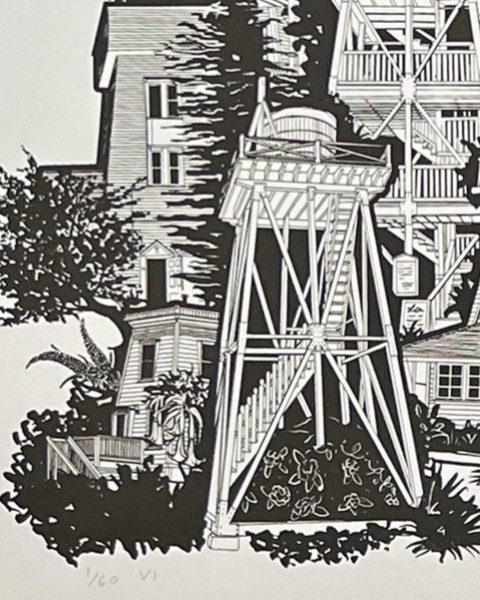 black and white print of water towers