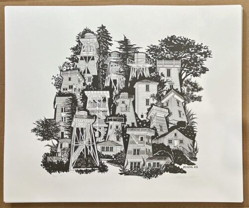 ink graphic of watertowers
