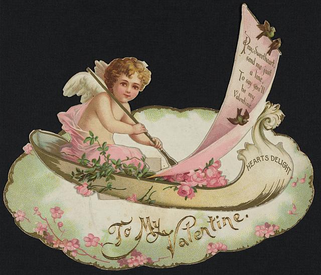 Cupid writing a valentine on a scroll