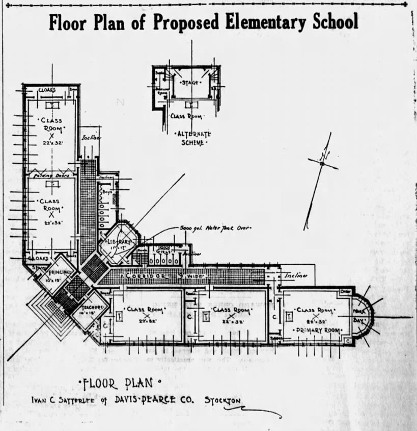 Floor plan of a school showing an L-shaped building