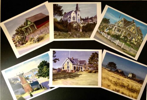 six oil paintings of historic buildings on cards