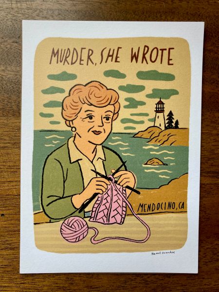 illustratin of woman knitting with ocean behind her