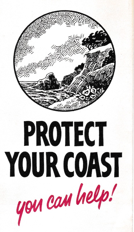Flyer with handdrawn black and white image of bluffs in a circle. Underneath "Protect Your Coast" in black and "you can help!" in red.