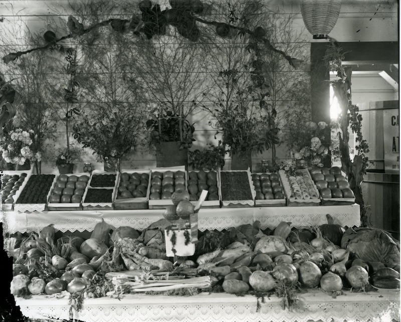Black and white photo of vegetables and fruits on display.