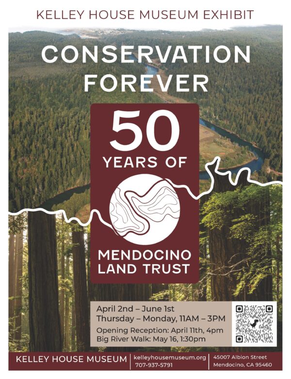 photos of redwoods and river with text overlaid about Land Trust Anniversary