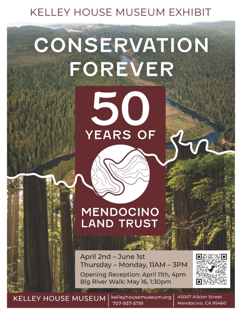 photos of redwoods and river with text overlaid about Land Trust Anniversary