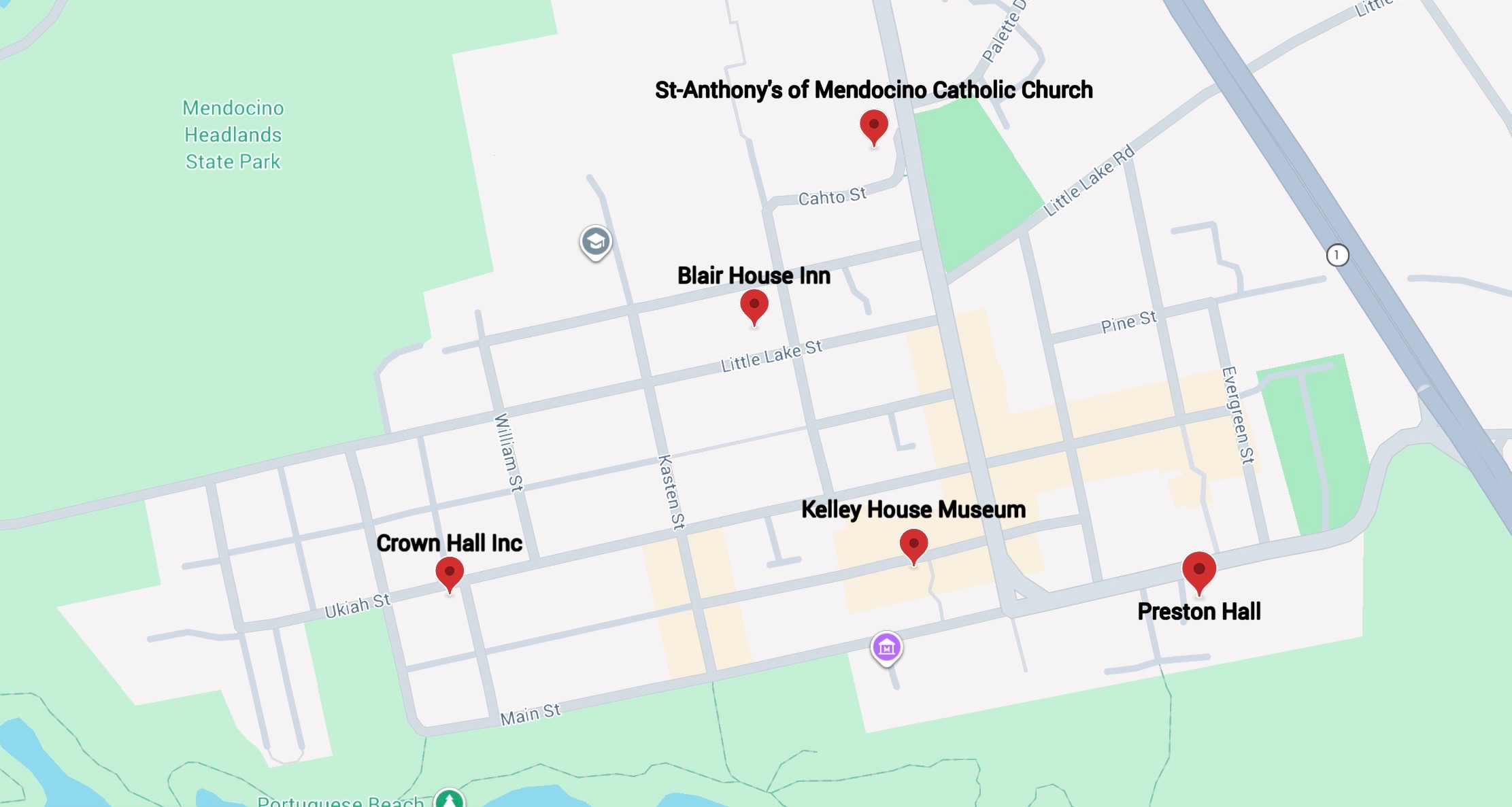 Screenshot street map of historic Mendocino