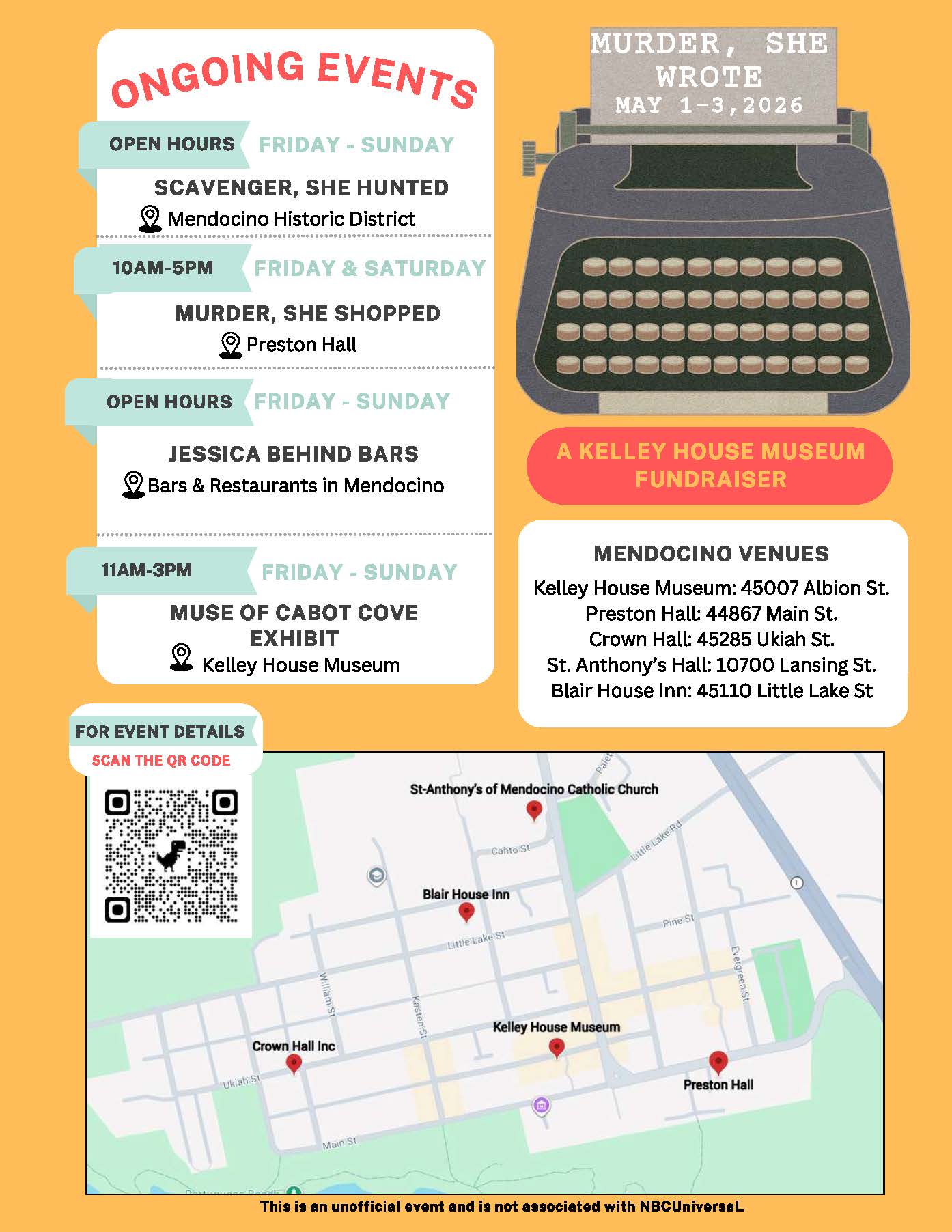 MSW Events open to public events listed on a yellow flier with a typewriter graphic