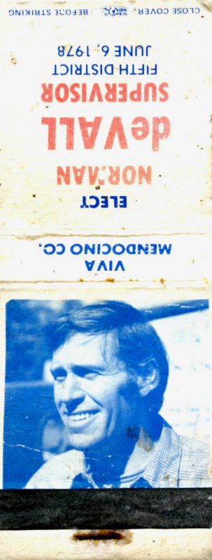Photo of promotional matchbook cover for "Elect Norman deVall Fifth District Supervisor"