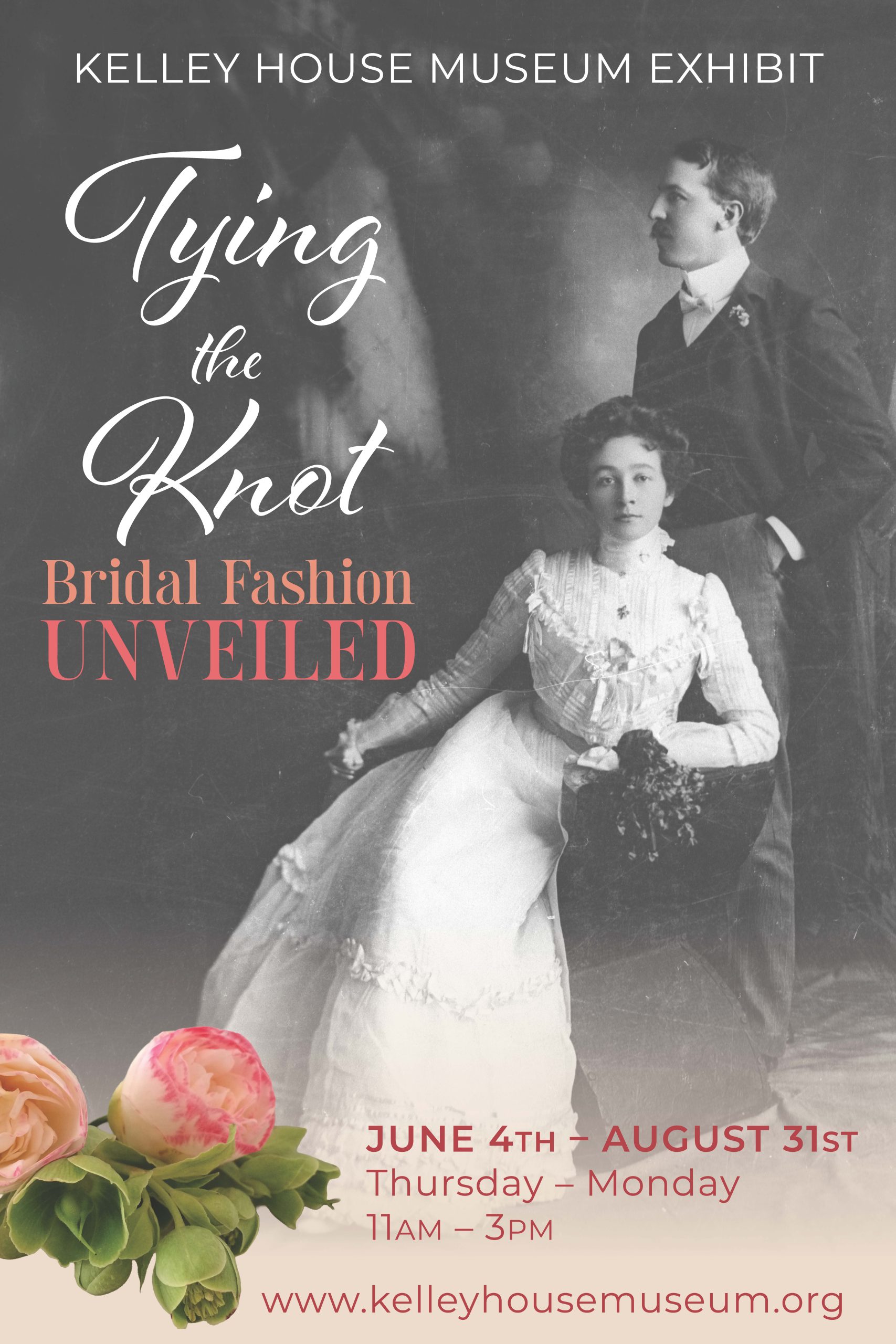 Woman in white wedding gown seated with groom behind her
