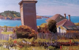 Painting looking towards a body of water with a water tower and house in the foreground.