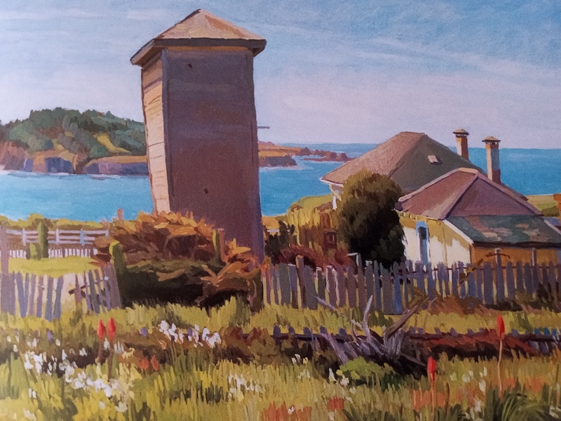 Painting looking towards a body of water with a water tower and house in the foreground.