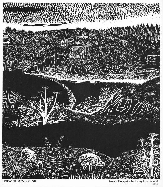 woodcut print of Mendocino village