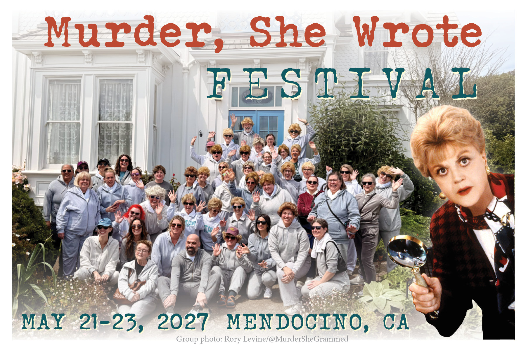2027 MSW Festival Postcard 2 people in wigs and track suits posing in front of old house
