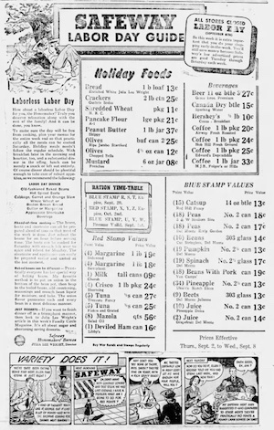 A newspaper ad for Safeway titled "Labor Day Guide" with listings of food prices and a comic strip at the bottom
