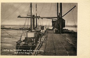 Photo of a large boat beside a pier labeled "Loading the 'Sequoia'"