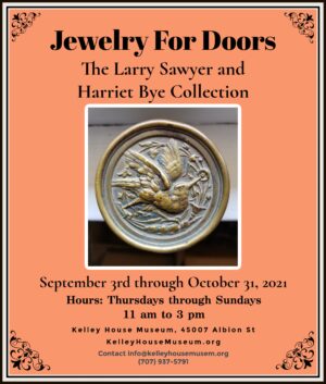 Exhibition poster for "Jewelry for Doors: The Larry Sawyer and Harriet Bye Collection" featuring a decorative bird doorknob