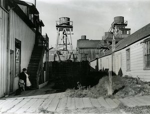 A woman beside the outside staircase of a building with two water towers behind it