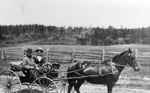 A well-dressed man, woman and two children in a one-horse buggy in front of a fenced in field