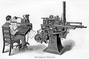 Illustration of a large machine and a man seated at a desk working
