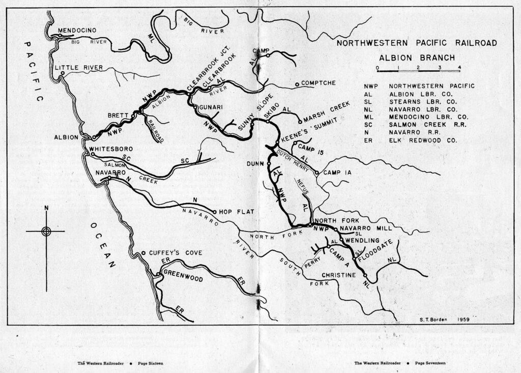 Map of railroad lines, rivers and towns along the Mendocino Coast