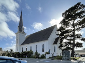 A white church building with a large tree beside it