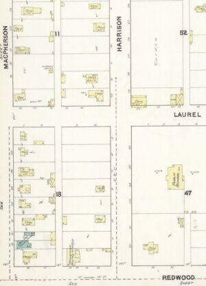 Map of property lots and buildings over four town blocks