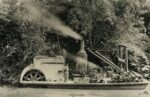 Maru No.1 on Big River, c. 1908. Note the smoke other than that coming from the main steam engine. This smoke is coming from a wood stove on which a member of the crew would prepare the workers’ meals. (Gift of Alice Earl Wilder)