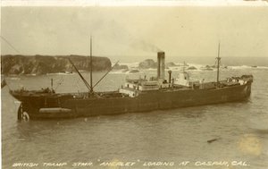 The British Tramp Steamer, “Anerley," loading at Caspar, California, c. 1911. This postcard is addressed to Edward Law in Little River and dated May 20, 1911, eight days after his 7th birthday.