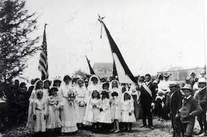 Mendocino Pentecost Queen and her attendants, c. 1904. 
L-R (front): Maggie Jerome, Annie Pereira, Mamie Bettencourt - Pentecost Queen, Amelia Perry, Unidentified, Mamie Gonzales, Adelaide Costa, Florence Lawrence, Constantine Silveira with sash, Herman Fayal with straw hat, Joe Quaill - front left.
2nd row: Mamie Jerome, Marian Thomas, Dino Figaro, Mayme Mendosa, Johanna Thomas, Annie Jerome.
