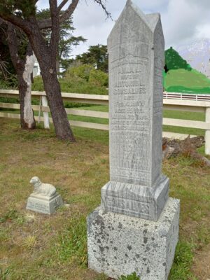 Tall gravestone beside a small animal headstone in a grassy cemetery with white fence and trees in background