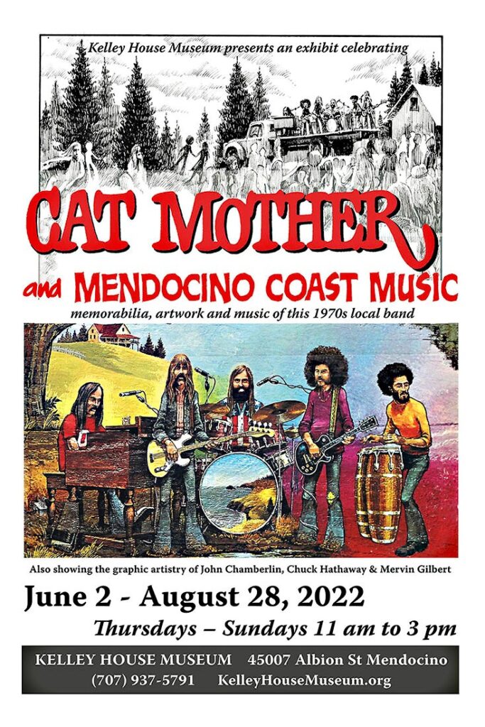 Illustrated poster for the 2022 "Cat Mother and Mendocino Coast Music" exhibit at the Kelley House Museum