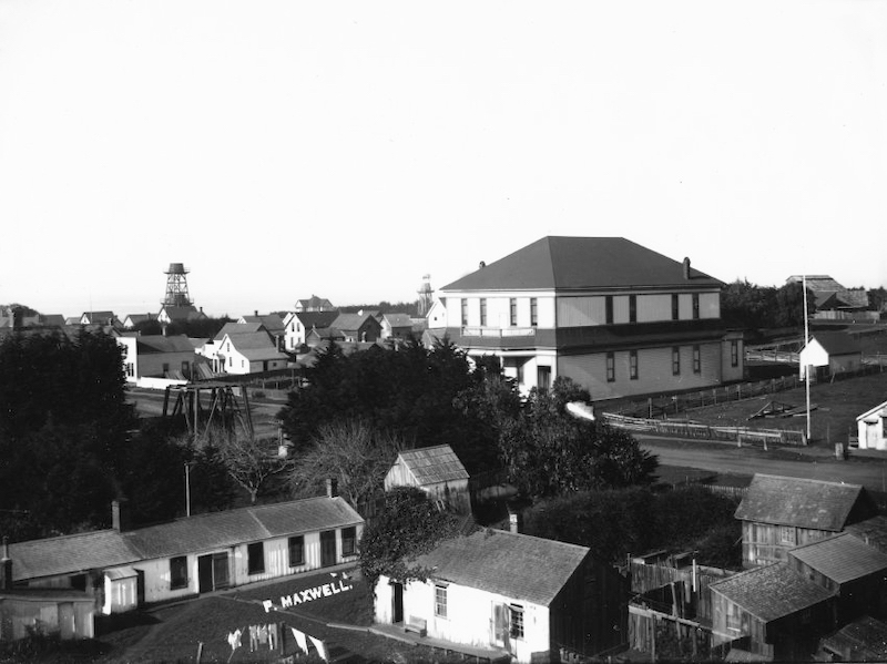 Elevated view of buildings in Mendocino