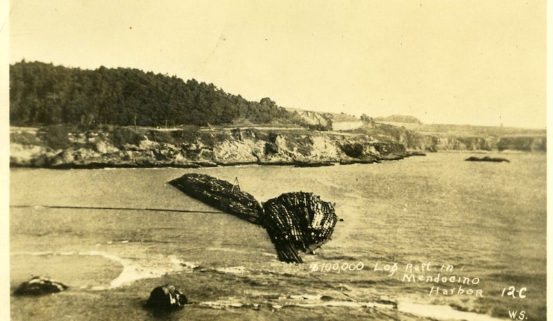 Benson Lumber Company log raft in Mendocino Bay, 1938