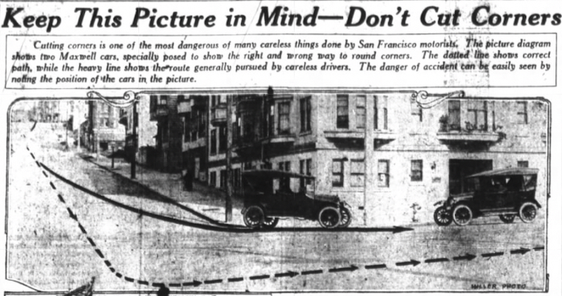 Newspaper clipping showing the proper way to turn a corner